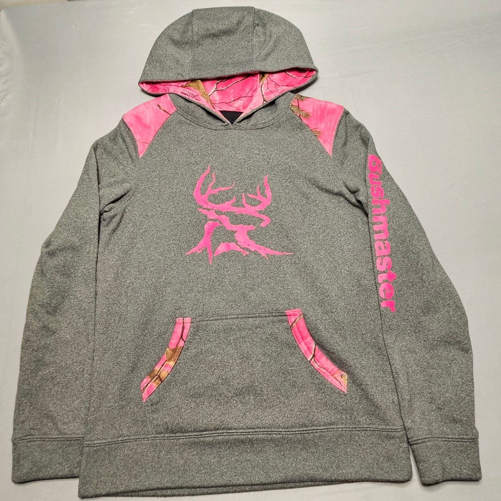 Bushmaster Hoodie Women XL 14/16 Gray Pink Camo Deer Logo Pullover Sweatshirt